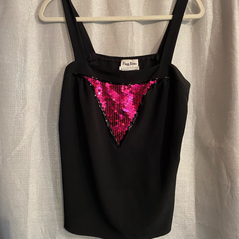 Super rare VTG Flagg petite Pink and Black Sequin Camisole Tank Top size 10 p